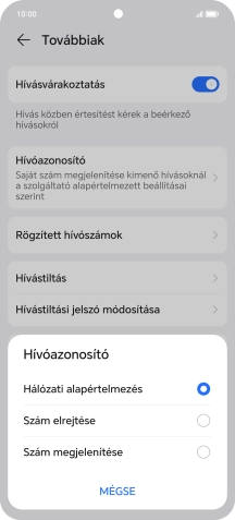 Válaszd a Szám megjelenítése lehetőséget a hívószámküldés bekapcsolásához.