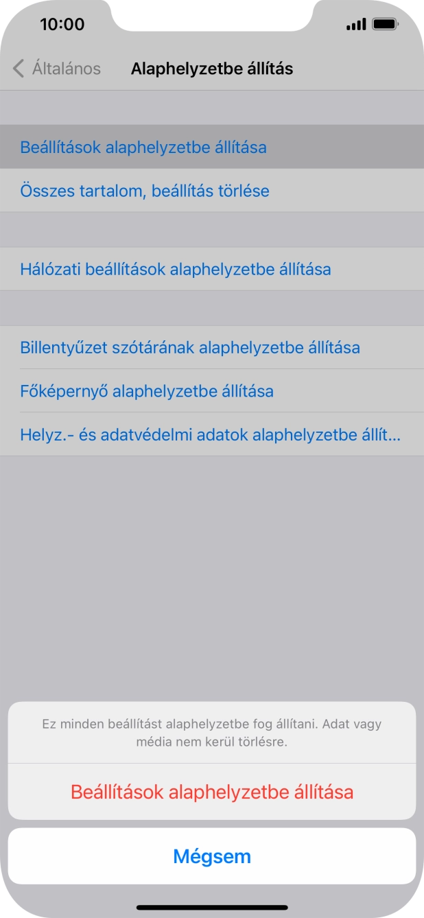 Válaszd a Beállítások alaphelyzetbe állítása lehetőséget. Válaszd a Beállítások alaphelyzetbe állítása lehetőséget.