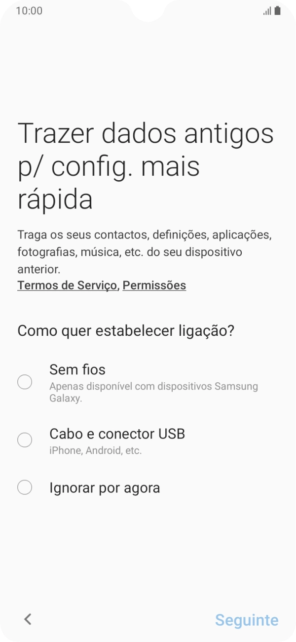 É possível transferir conteúdo de outro telefone quando o telefone for ativado antes da primeira utilização e quando o telefone tiver sido reiniciado. Quando esta imagem for mostrada no ecrã, o telefone está pronto para transferir conteúdo de outro telefone.