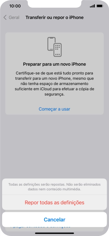 Prima Repor todas as definições.