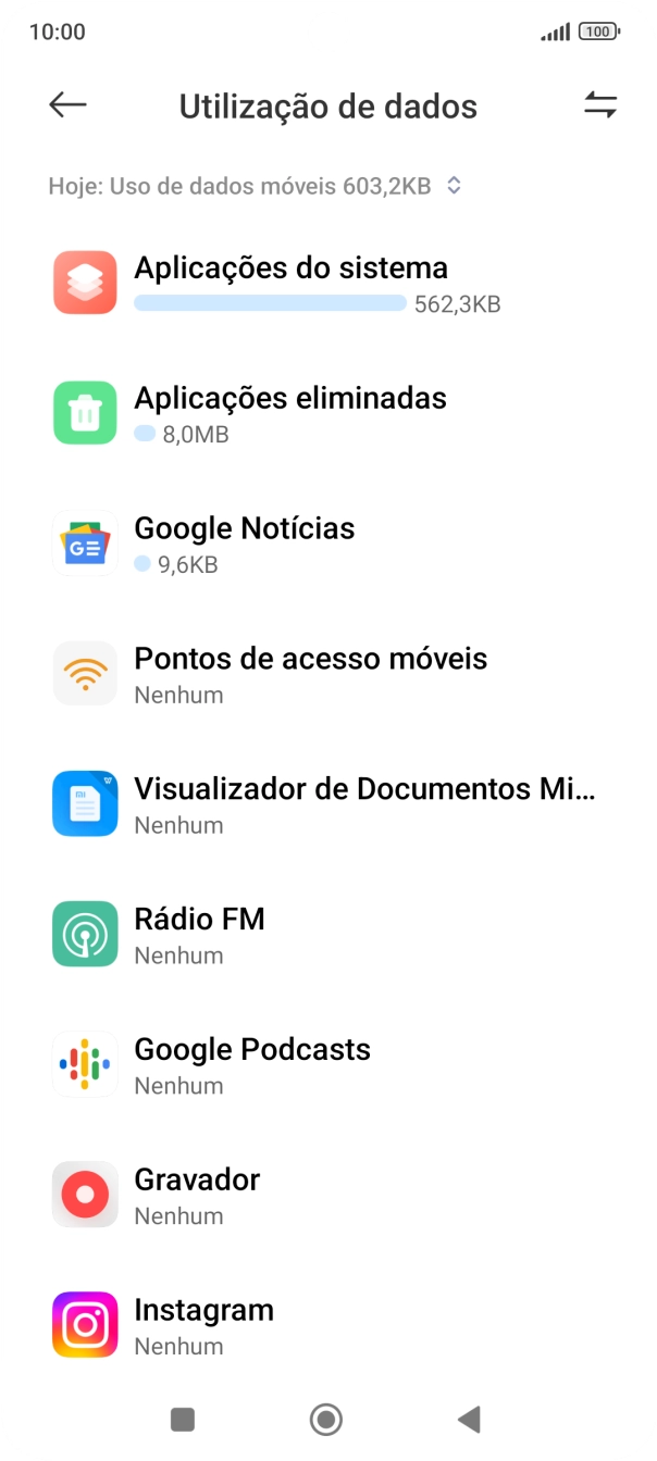 O consumo de dados de cada aplicação é mostrado sob o nome da aplicação.