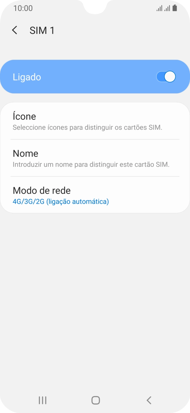 Prima o indicador para ativar ou desativar a utilização do cartão SIM.