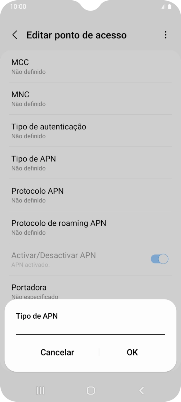 Introduza default e prima OK.