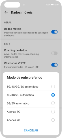 Prima o tipo de rede pretendido.