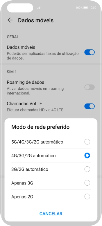 Prima o tipo de rede pretendido.