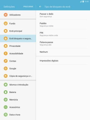 Prima Nenhum e siga as indicações no ecrã para desativar a utilização do código de bloqueio.