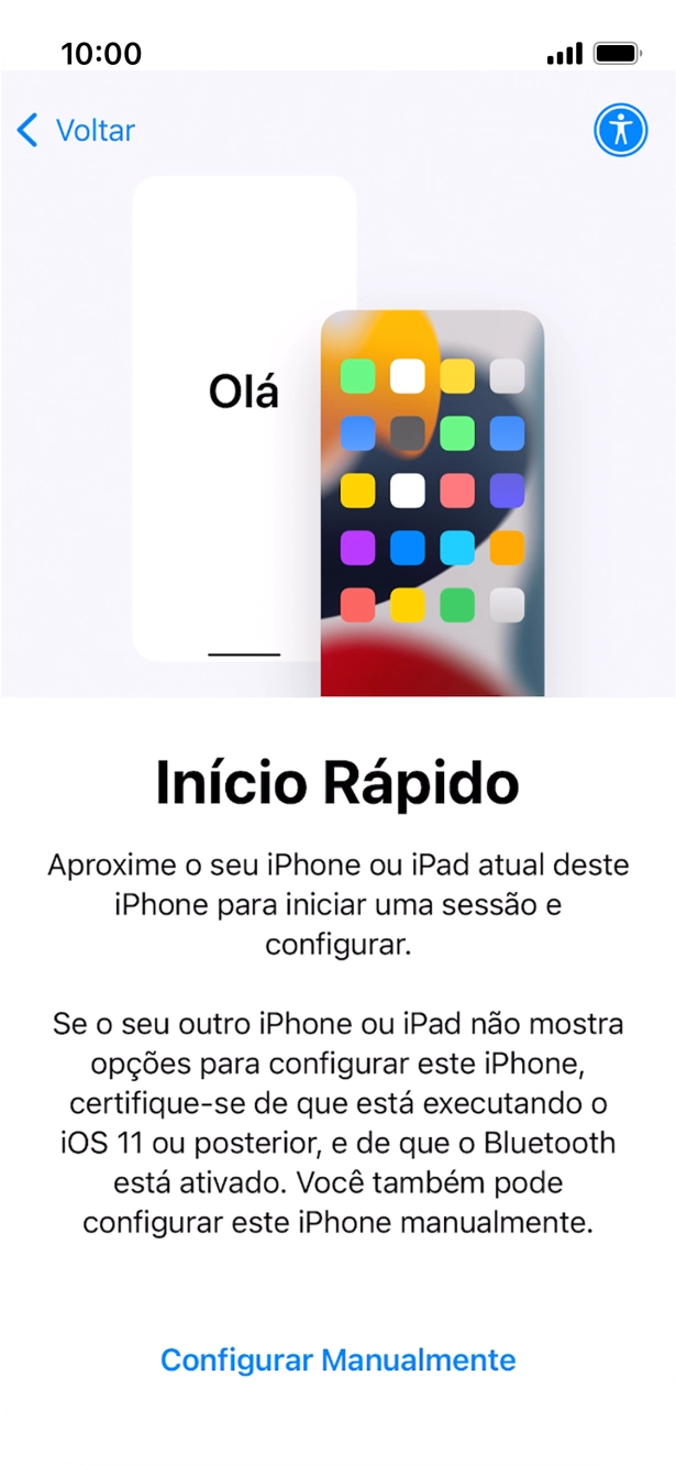 Siga as indicações no ecrã para transferir conteúdo de outro dispositivo com iOS11 ou mais recente, ou prima Configurar manualmente.
