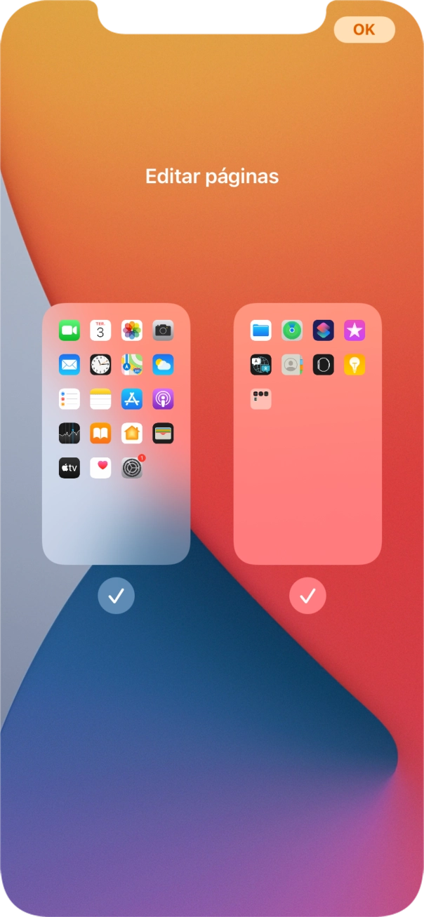 Prima os campos sob as páginas do ecrã inicial pretendidas, para ativar ou desativar a exibição de páginas.