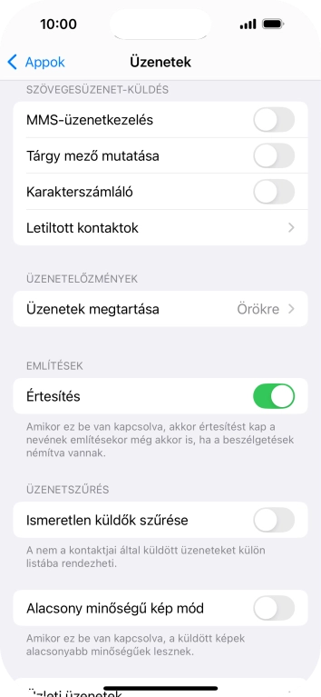 Kattints az „MMS-üzenetkezelés” melletti csúszkára a funkció bekapcsolásához.