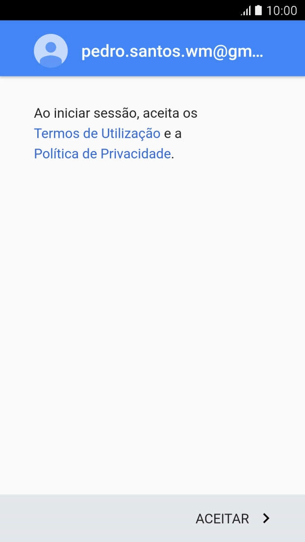 Prima ACEITAR e siga as indicações no ecrã para escolher as definições da conta Google.