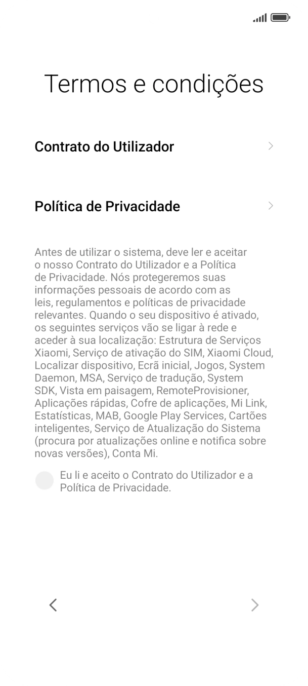 Prima o campo para aceitar os termos e condições.