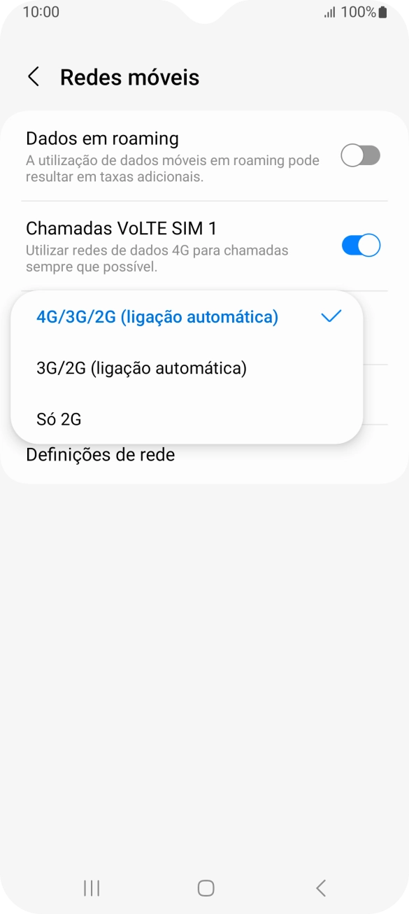 Prima o tipo de rede pretendido.