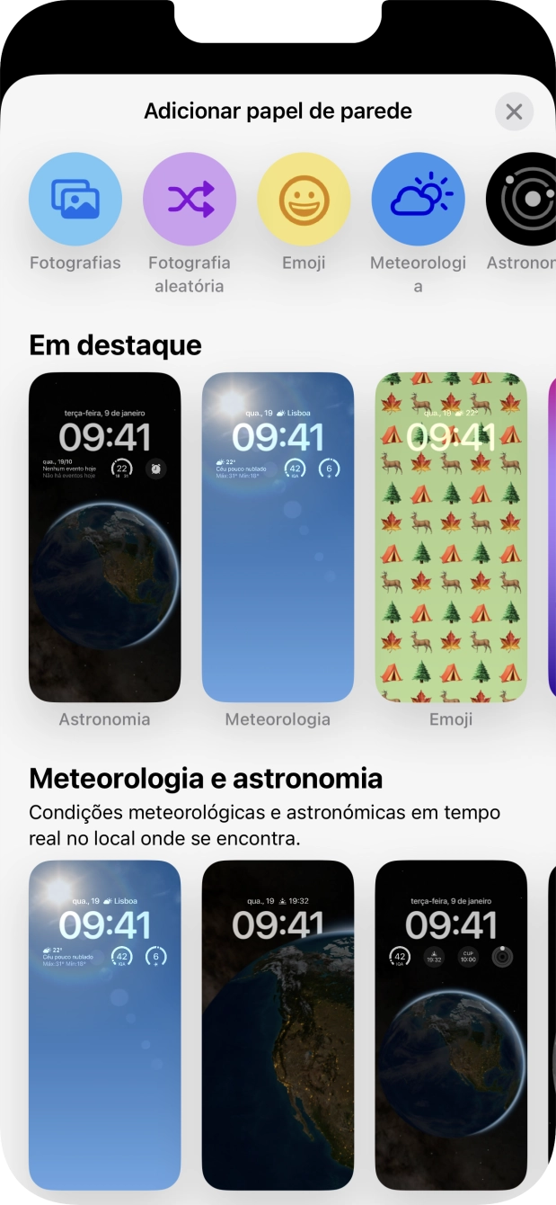 Prima a categoria pretendida e siga as indicações no ecrã para escolher a imagem de fundo pretendida.