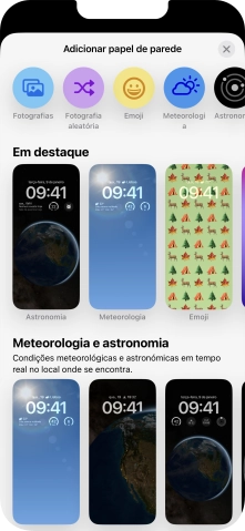 Prima a categoria pretendida e siga as indicações no ecrã para escolher a imagem de fundo pretendida.