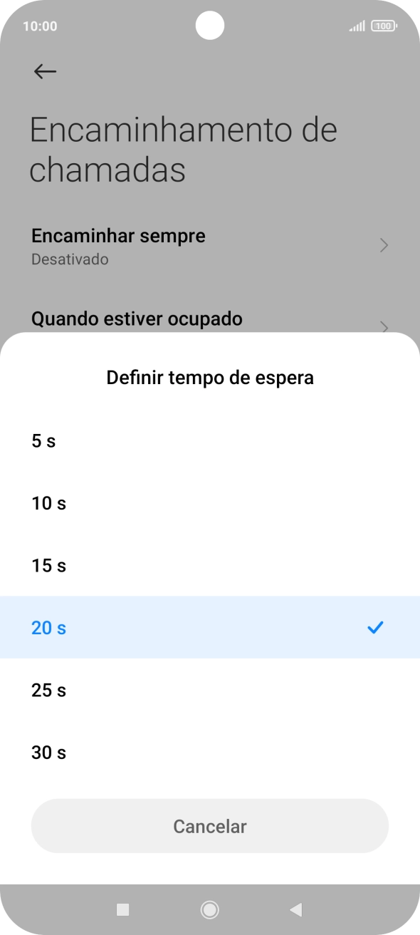 Se desviar as chamadas não atendidas escolha o tempo de atraso para desvio. Prima o tempo de atraso pretendido e siga as indicações no ecrã para escolher o tempo de atraso para desvio de chamadas.