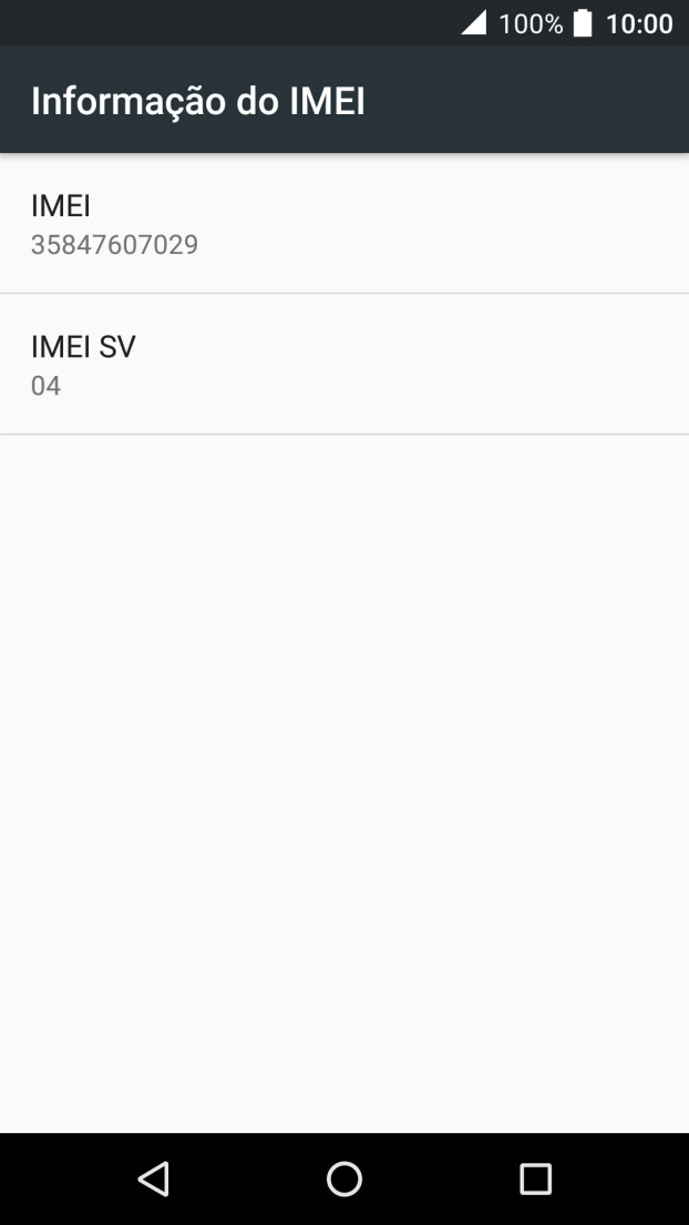 O código IMEI é mostrado no ecrã.