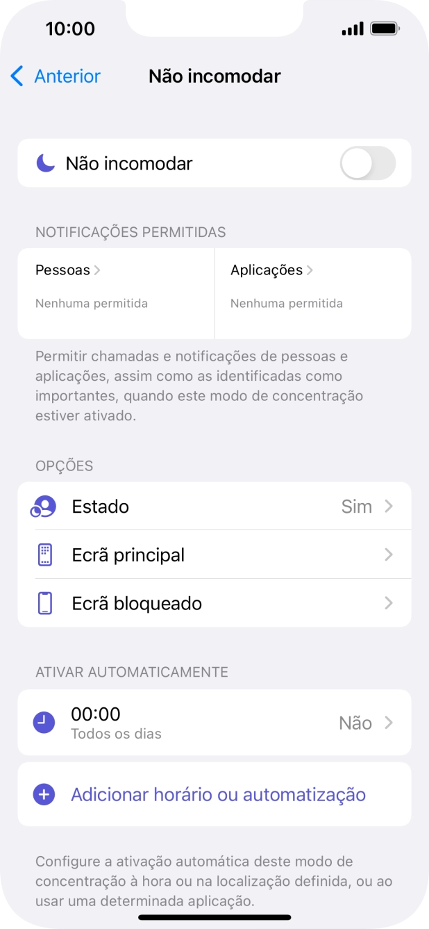 Prima Pessoas e siga as indicações no ecrã para escolher quais os contactos de que pretende receber chamadas e notificações, enquanto a função “Não incomodar” está ativada.
