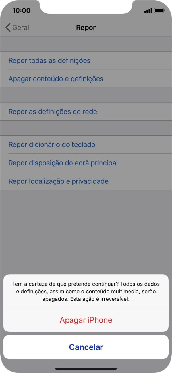 Prima Apagar iPhone. Aguarde um momento enquanto o telefone restabelece as definições originais. Siga as indicações no ecrã para configurar o telefone de modo que este fique pronto a ser utilizado.