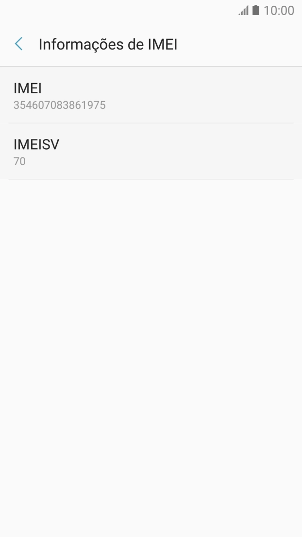 O código IMEI é mostrado no ecrã.