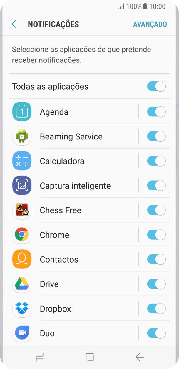Prima o indicador junto à app pretendida para ativar ou desativar a função.