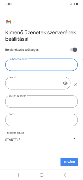 Kattints a „Jelszó” alatti mezőre, és írd be az e-mail szolgáltatód kimenő szerverének jelszavát.