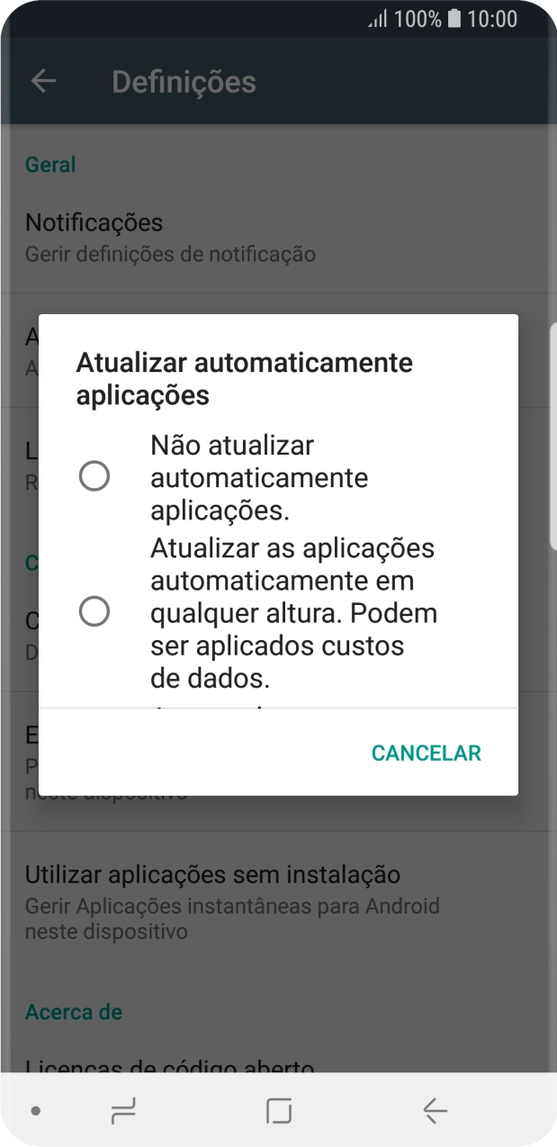 Para desativar a atualização automática de apps, prima Não atualizar automaticamente aplicações..