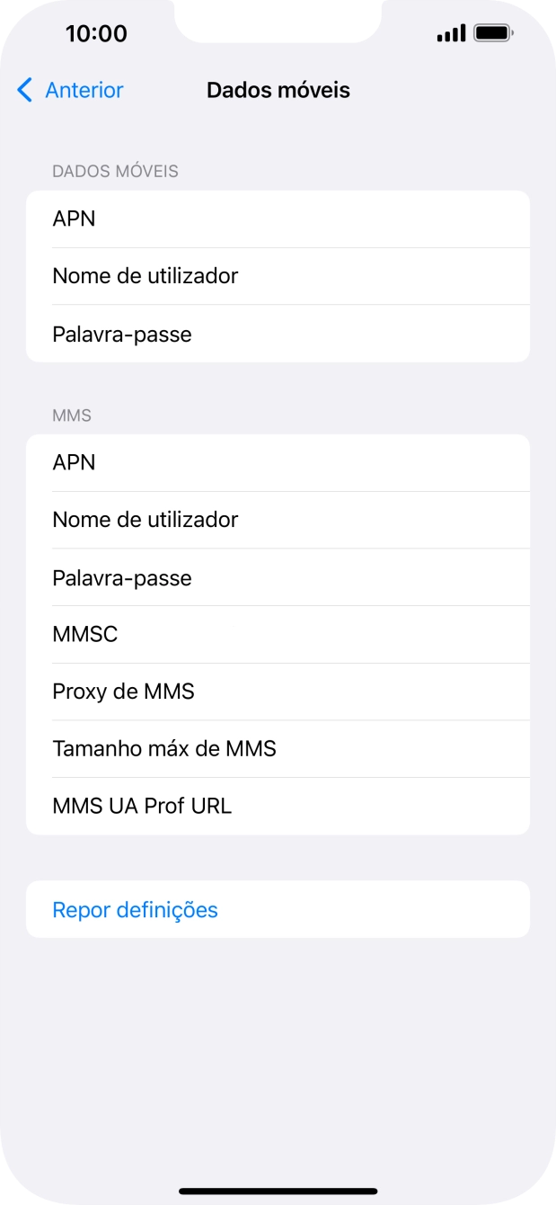 Prima APN e insira net2.vodafone.pt.