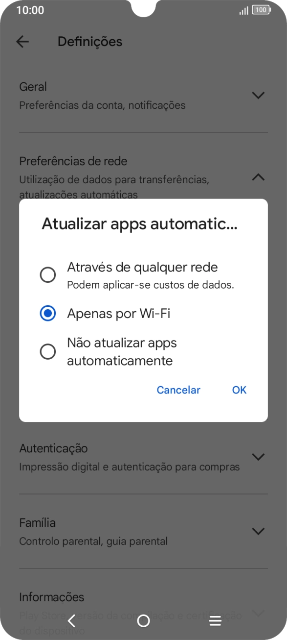 Para ativar a atualização automática de apps via redes móveis, prima Através de qualquer rede.