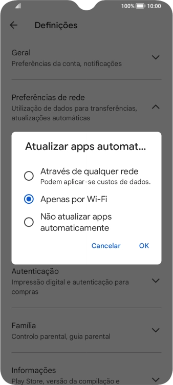 Para ativar a atualização automática de apps via redes móveis, prima Através de qualquer rede.