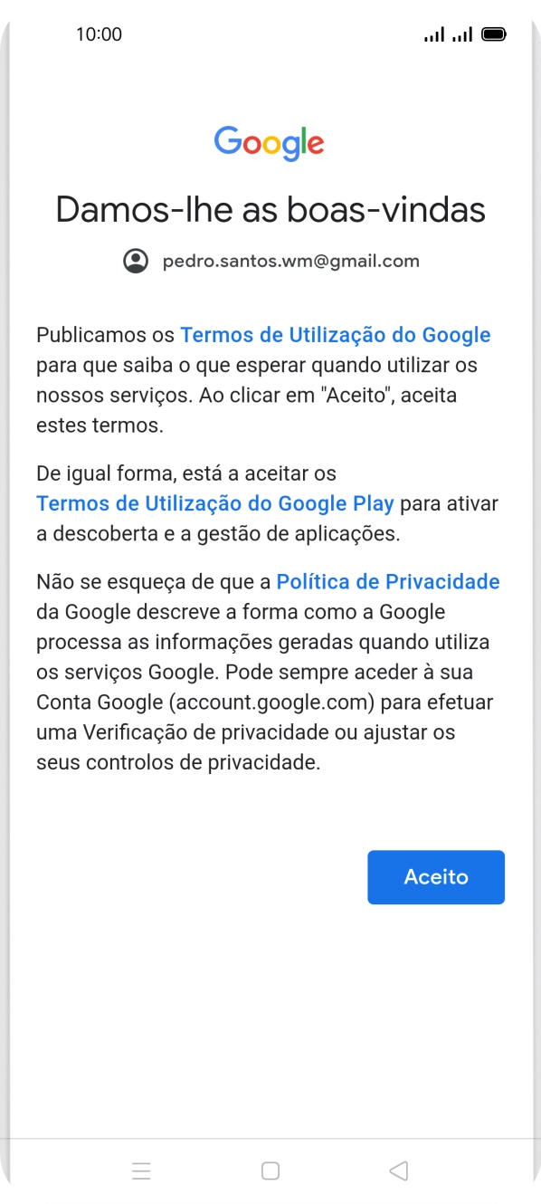 Prima Aceito e siga as indicações no ecrã para escolher as definições da conta Google.