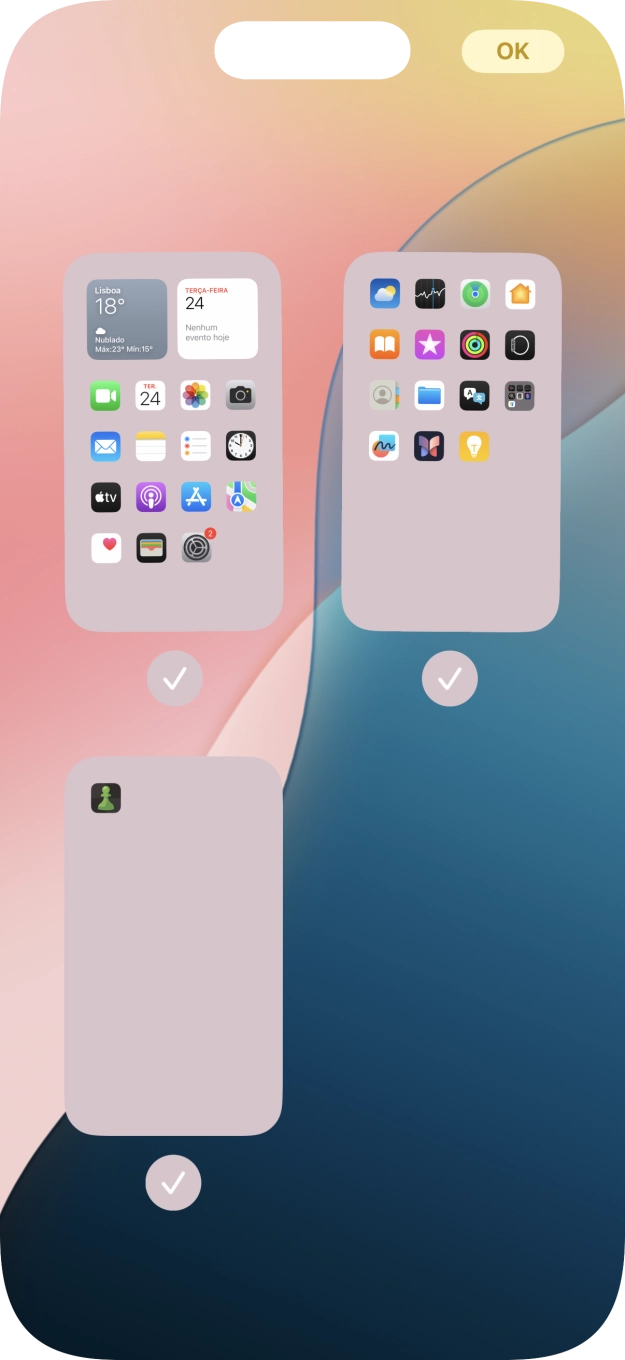 Prima os campos sob as páginas do ecrã inicial pretendidas, para ativar ou desativar a exibição de páginas.