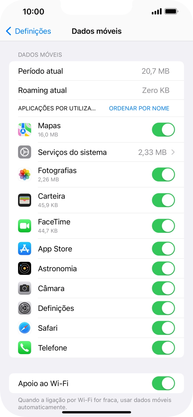 O consumo de dados de cada aplicação é mostrado sob o nome da aplicação.