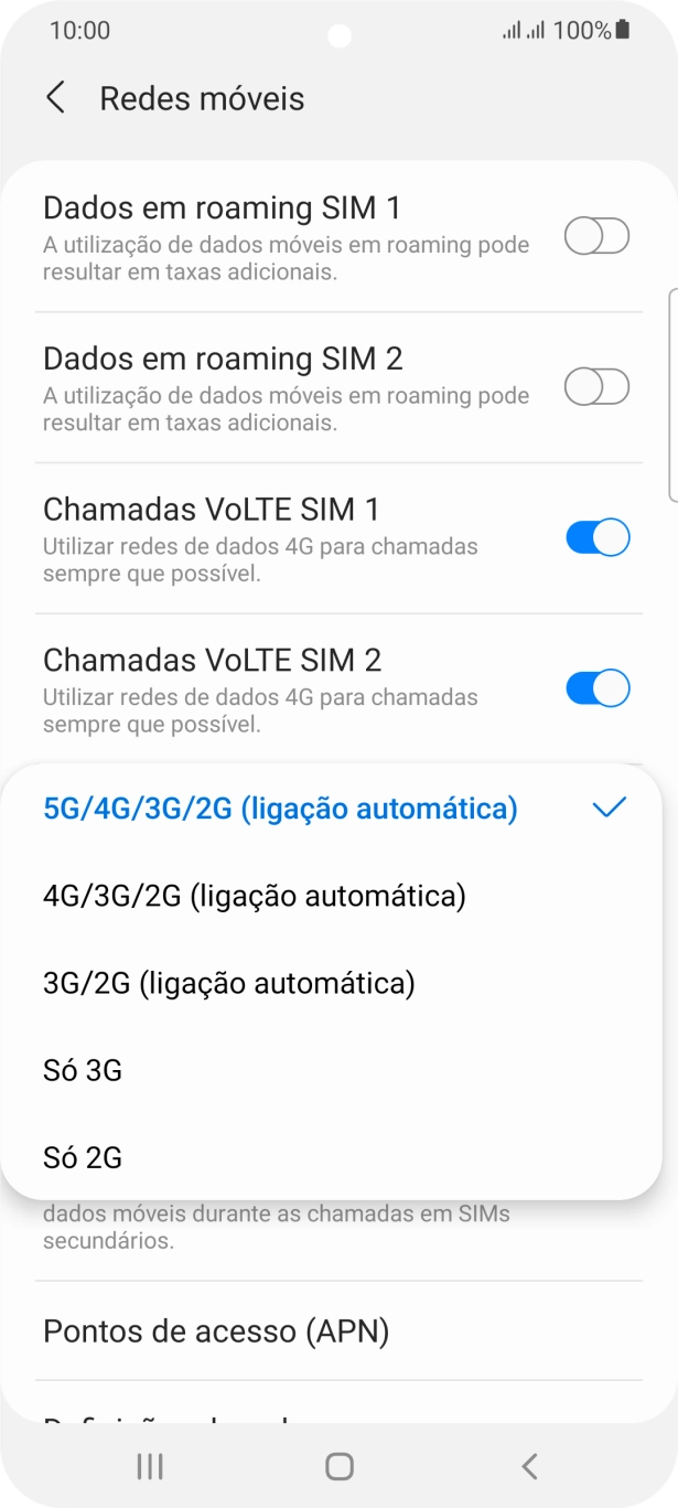 Prima o tipo de rede pretendido.