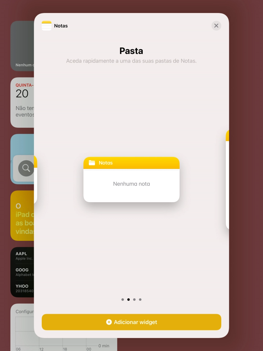 Para escolher a dimensão pretendida para o widget, deslize o dedo para a direita ou para a esquerda sobre o ecrã.
