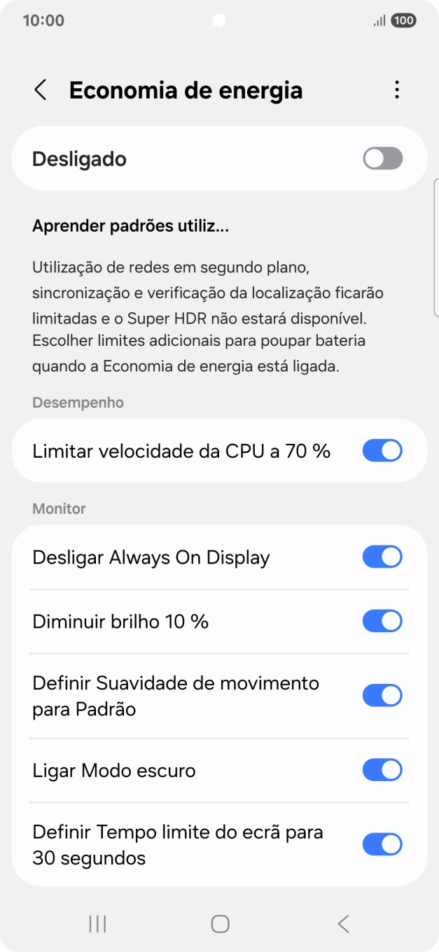 Prima os indicadores junto às definições pretendidas para as ativar ou desativar.