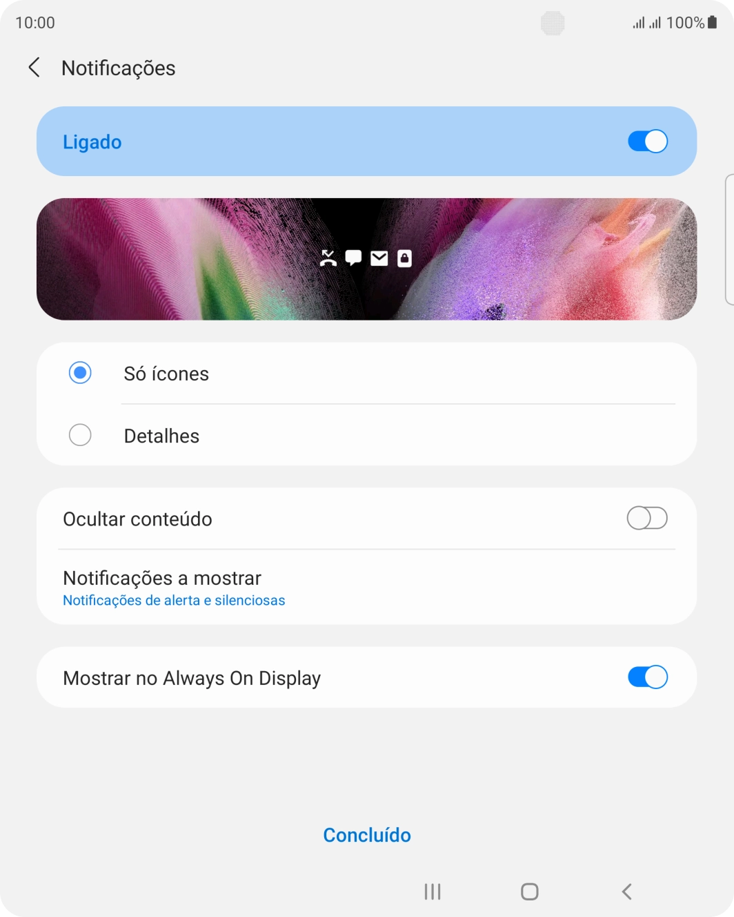 Prima as definições pretendidas para as ativar ou desativar.
