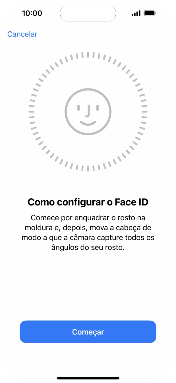 Prima Começar e siga as indicações no ecrã para estabelecer um código de reconhecimento facial (Face ID).