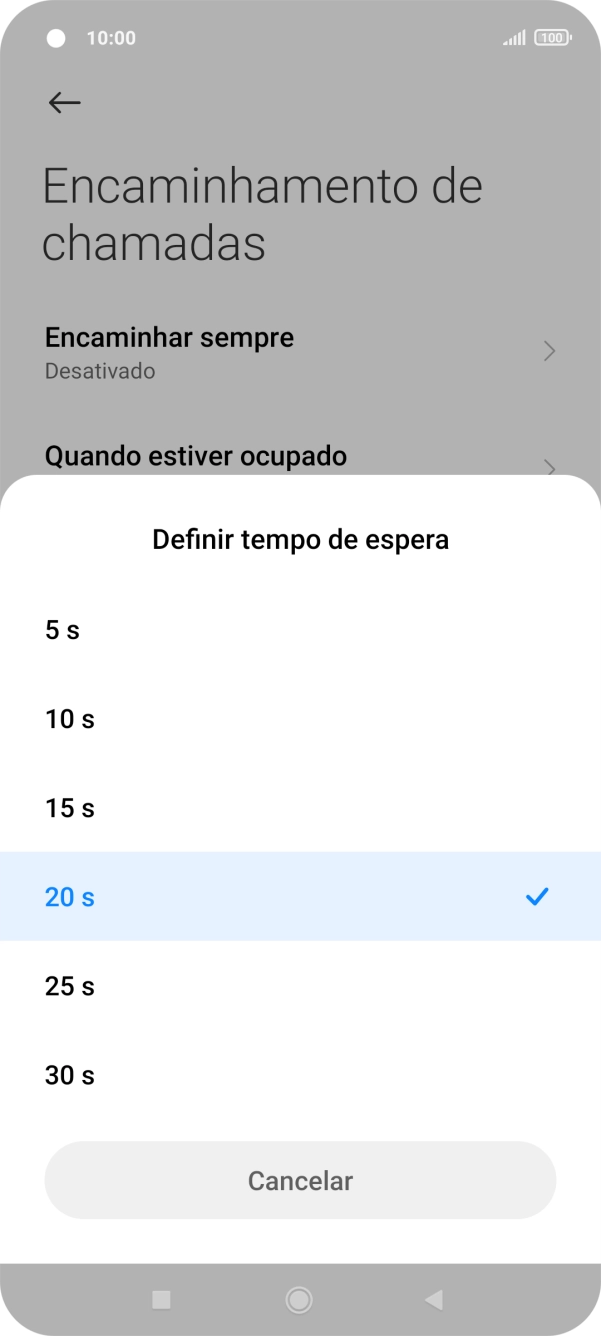 Se desviar as chamadas não atendidas escolha o tempo de atraso para desvio. Prima o tempo de atraso pretendido.