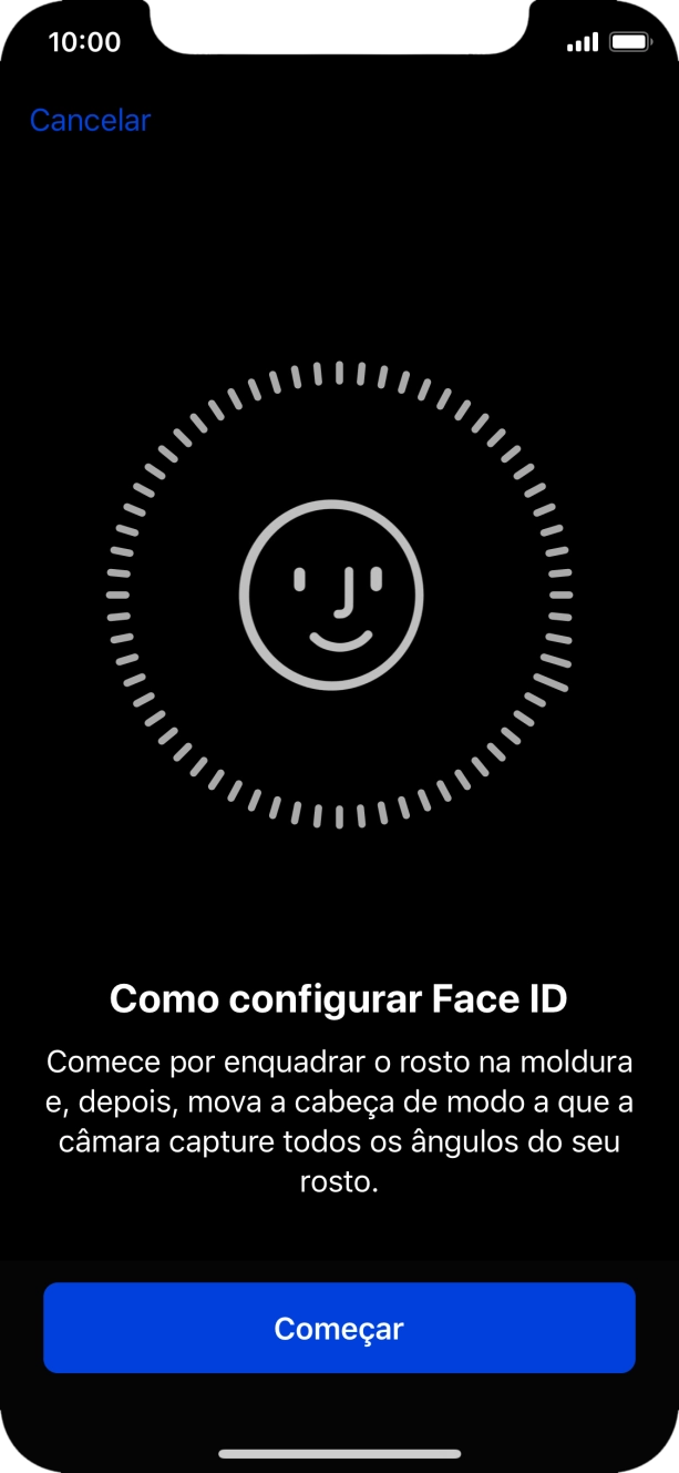 Prima Começar e siga as indicações no ecrã para estabelecer um código de reconhecimento facial (Face ID).
