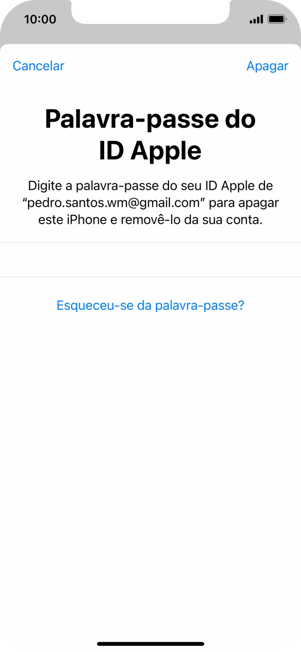 Introduza a password do ID Apple e prima Apagar. Aguarde um momento enquanto o telefone restabelece as definições originais. Siga as indicações no ecrã para configurar o telefone de modo que este fique pronto a ser utilizado.