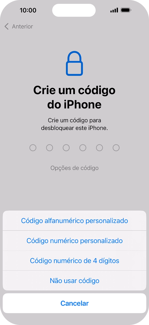 Siga as indicações no ecrã para ativar a utilização do código de bloqueio do telefone ou prima Não usar código.