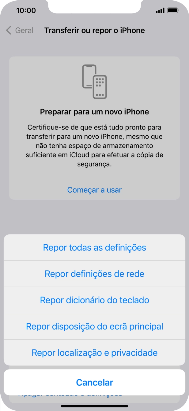 Prima Repor todas as definições.
