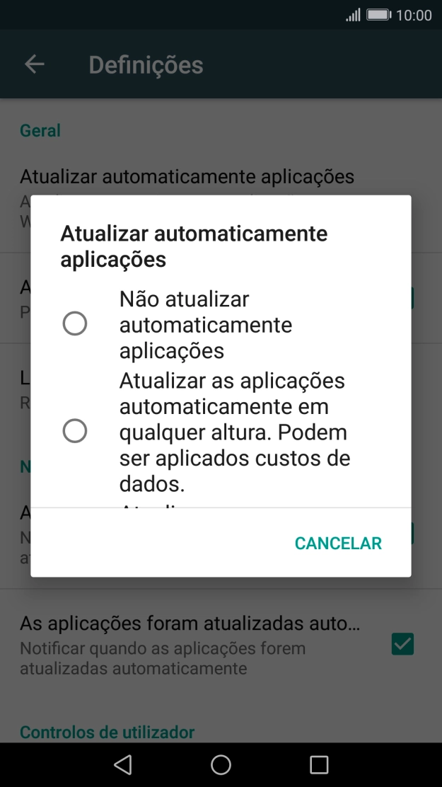 Prima Não atualizar automaticamente aplicações para desativar a função.