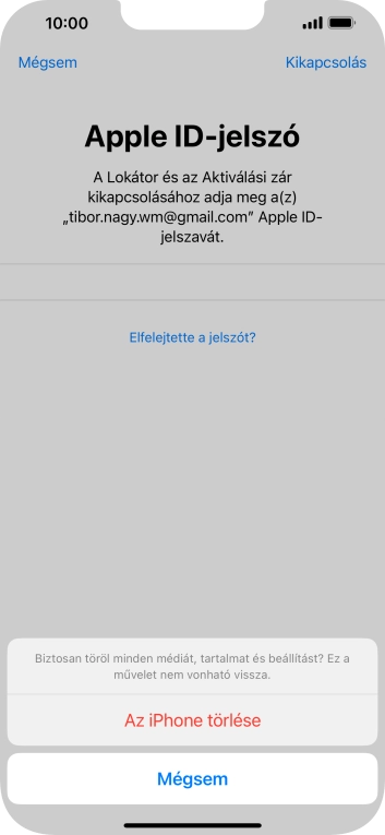 Írd be az Apple ID-hoz tartózó jelszót, és válaszd Az iPhone törlése lehetőséget. Várj egy kicsit, amíg a telefon visszaállítja a gyári beállításokat. A telefon konfigurálásához és ahhoz, hogy üzemkész állapotba hozd, kövesd a képernyőn megjelenő utasításokat.