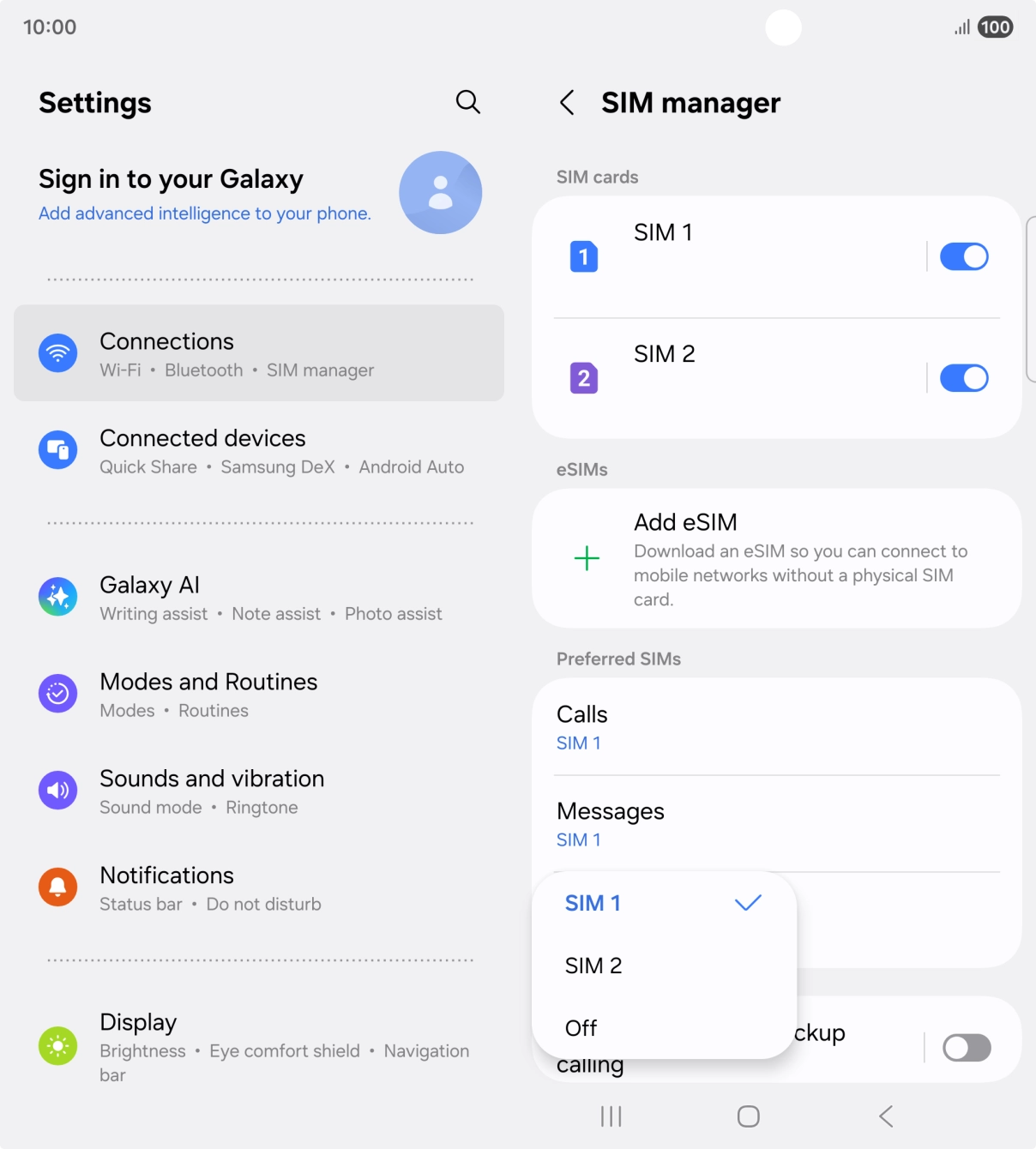 Press the required setting.