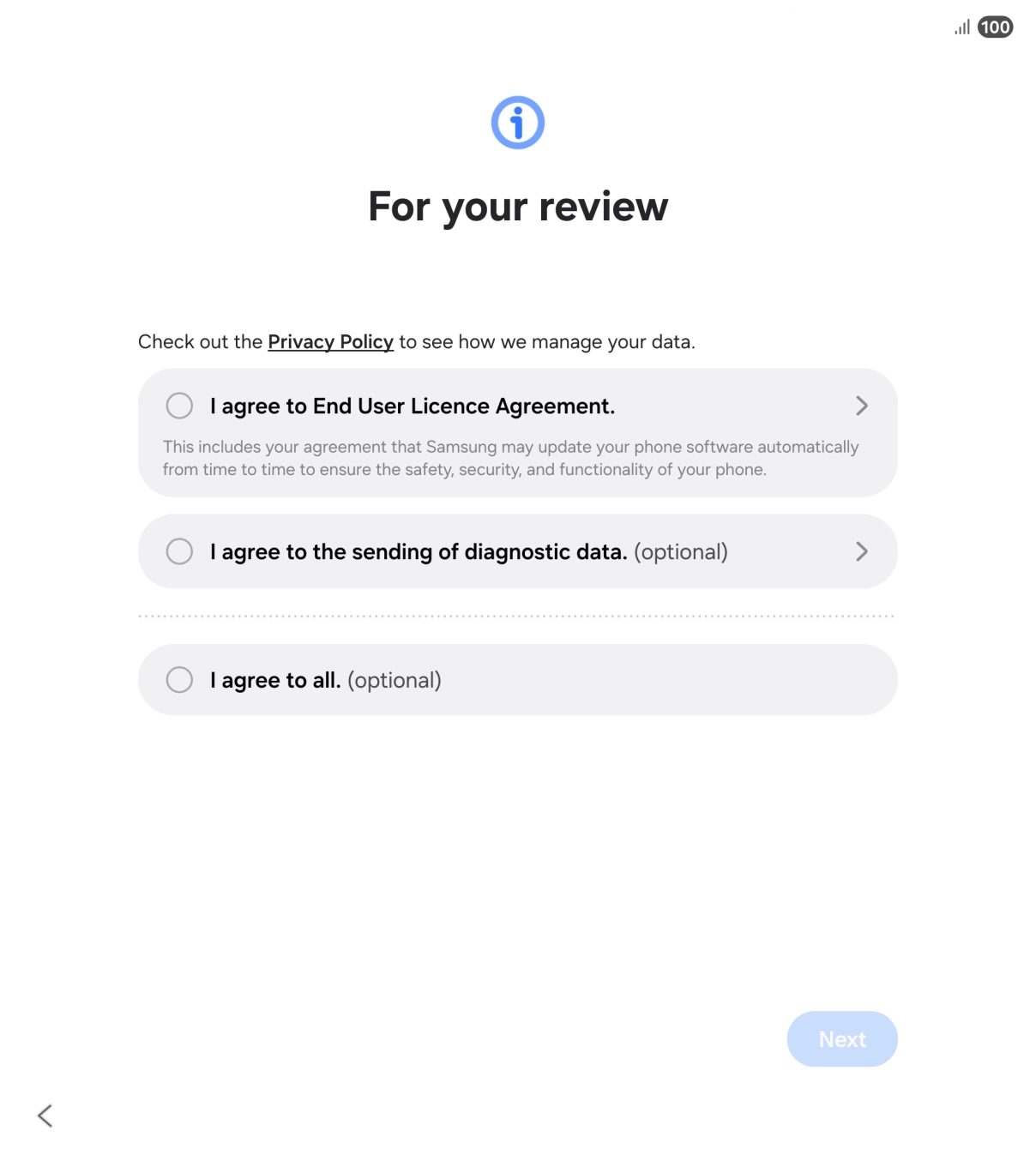 Press the fields next to the required settings to select them.