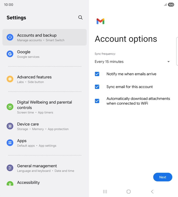 If this screen is displayed, your email account has been recognised and set up automatically. Follow the instructions on the screen to key in more information and finish setting up your phone.