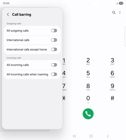 Press the indicator next to the required barring type to turn the function on or off. Press the indicator next to the required barring type to turn the function on or off.