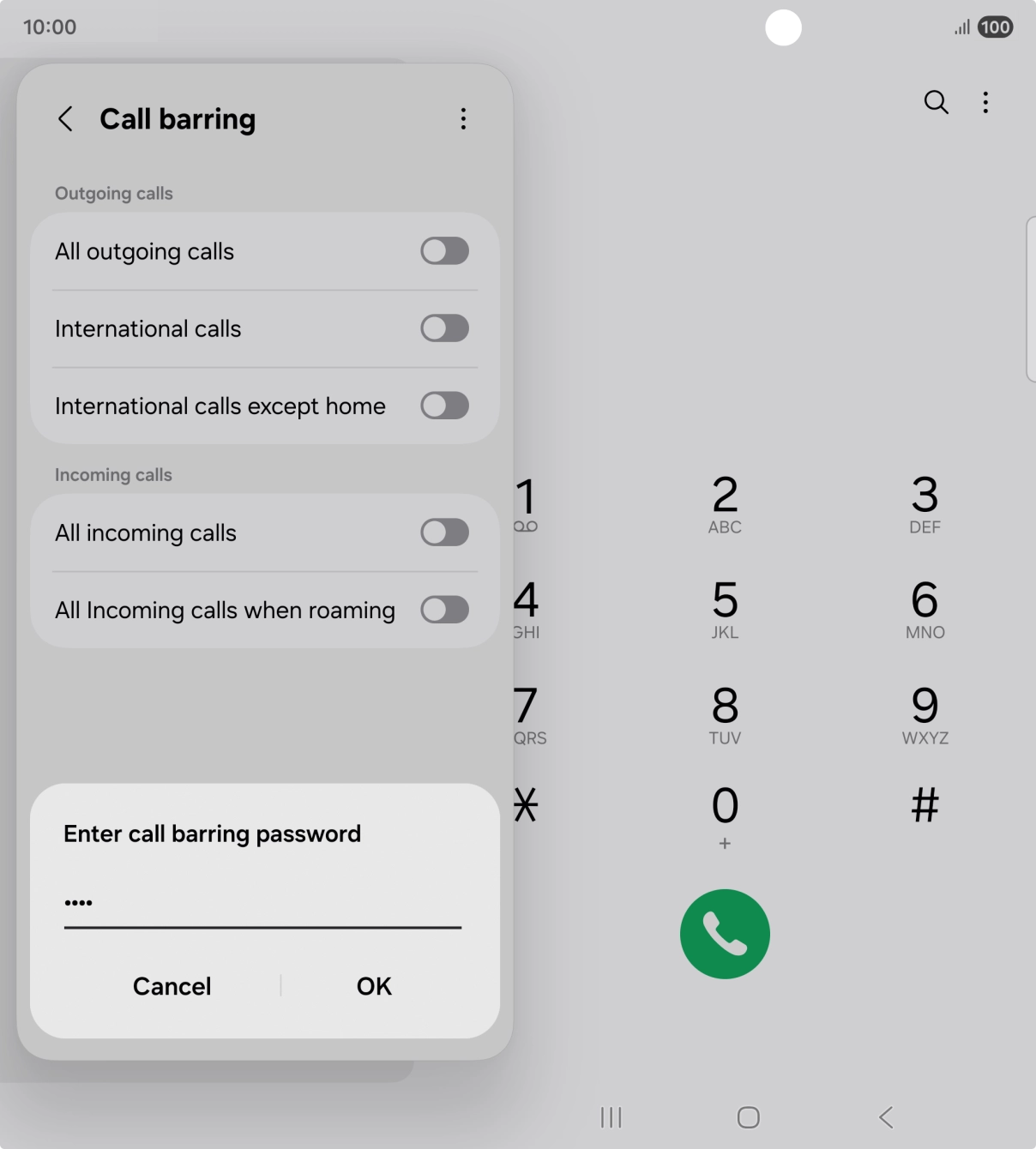 Key in your call barring password and press OK.