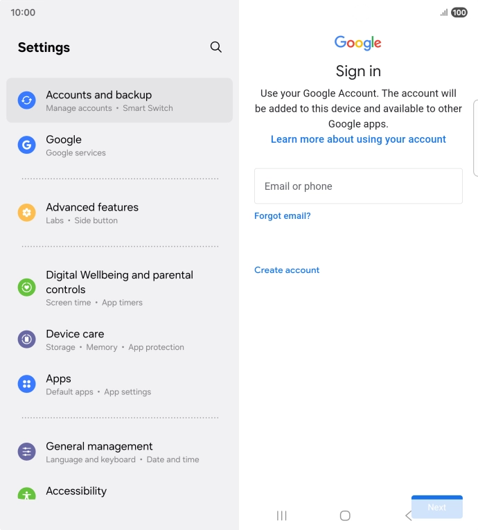 If you don't have a Google account, press Create account and follow the instructions on the screen to create an account.